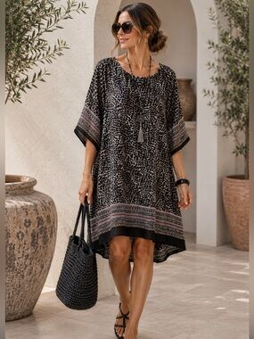 MASAI Copenhagen Leopard High Low Tunic Dress L Black Grey Lagenlook